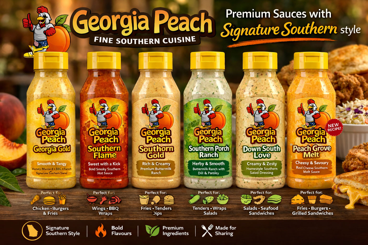 Georgia Peach sauce bottle lineup mockup